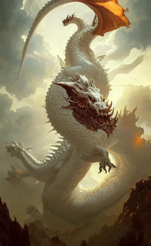 Image similar to a dynamic painting of a gigantic obese white dragon, a fat tank monster, baroque, concept art, deep focus, fantasy, intricate, highly detailed, digital painting, artstation, matte, sharp focus, illustration, art by greg rutkowski and alphonse mucha