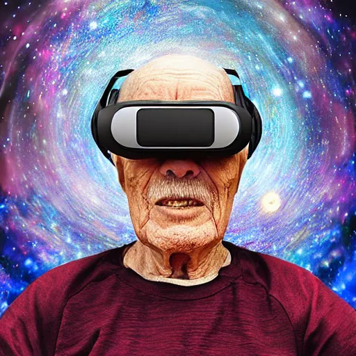 Prompt: an elderly wise man in the cosmos wearing vr headsets, digital art, detailed