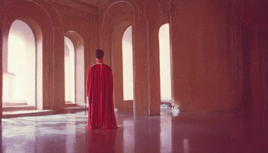 Prompt: 1 9 7 0 s andrei tarkovsky movie still of a man in red drapery in neoclassical building with waterfall and collums, cinestill 8 0 0 t 3 5 mm, panoramic, ultra wide lens, cinematic light, dramatic light, flares anamorphic