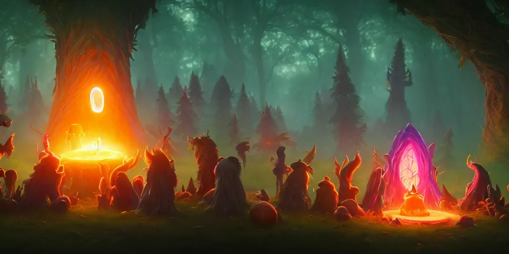 Image similar to group of forest wizards gathered around a summoning circle as a colossal ghostly donut - demon - hybrid - monster after - image emerges from a portal in the sky, glowing, culinary vibes, magic, fantasy colors, cinematic medium shot, 4 k hyper detailed, realistic, by riot games and julia yurtsev