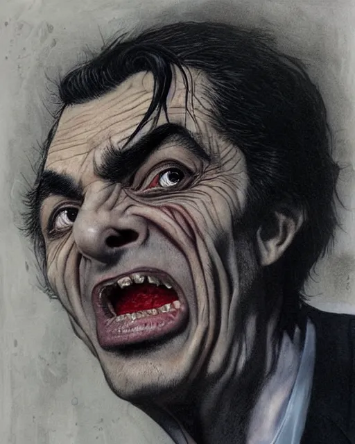 Image similar to portrait of mr bean as a vampire, gritty, dark, very detailed, hyperrealistic, very detailed painting by Glenn Fabry, by Joao Ruas