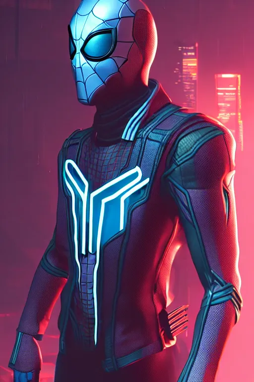 Prompt: futuristic portrait art of an armored cyberpunk spiderman, futuristic style spiderman, cyberpunk, game screenshot from cyberpunk 2 0 7 7