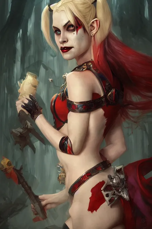 Image similar to portrait of harley quinn as a demon elf queen, forest, godlike, upper body, fantasy, intricate, elegant, highly detailed, digital painting, artstation, concept art, sharp focus, illustration, art by artgerm and greg rutkowski and alphonse mucha