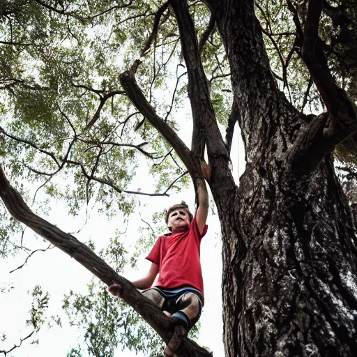 Image similar to bogan kid stuck up a tree, screaming, canon eos r 3, f / 1. 4, iso 2 0 0, 1 / 1 6 0 s, 8 k, raw, unedited, symmetrical balance, wide angle