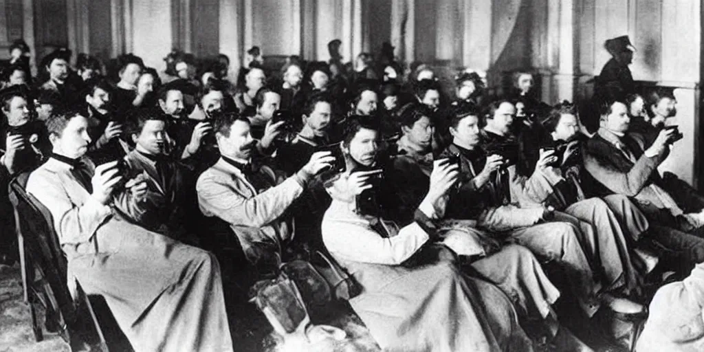 Image similar to 1 9 0 0 s photo of people using iphones ipods virtual reality headsets vr watching hd tv in a movie theater