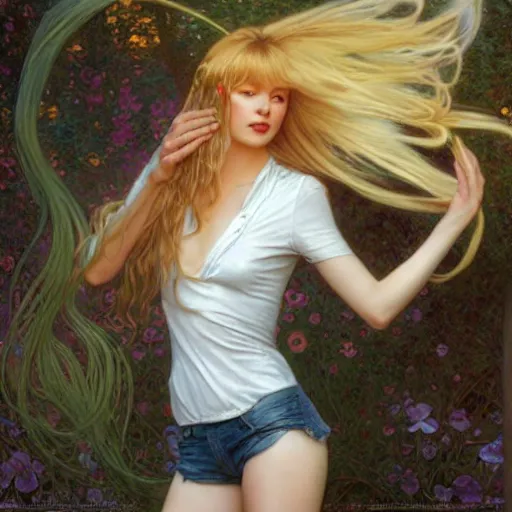 Image similar to A young woman with blonde long hair and bangs in shorts and white shirt drawn by Donato Giancola and Julie Bell, Luis Royo, alphonse mucha, background by James Jean and gustav klimt and John Marshall Gamble, 4k, volumetric lighting, french nouveau, trending on artstation, octane render, hyperrealistic