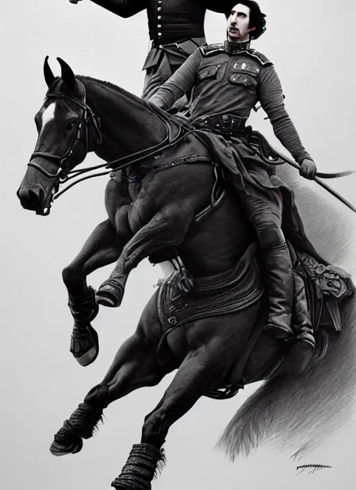 Image similar to painting of adam driver and john oliver, riding horse, stoic, full body, military uniform, fantasy, intricate, elegant, beautiful, highly detailed, charcoal, centered, dark, smokey, digital painting, artstation, concept art, smooth, sharp focus, illustration, art by artgerm and greg rutkowski and alphonse mucha