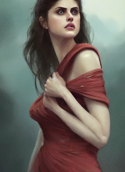 Image similar to a digital painting of Alexandra Daddario wearing a off the shoulder dress, by netter, beautiful, gorgeous, long hair, style from greg rutkowski, beautiful eyes, full frame, oil painting, featured on artstation, concept art, smooth, sharp focus, illustration, very detailed, ambient lighting, unreal engine render, concept art by Atey Ghailan, by Loish, by Bryan Lee O'Malley