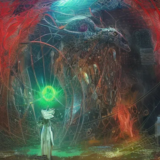 Image similar to basilisk of roko and the awakening of an ai with consciousness, surreal technological conceptual art magical cybernetic realism horro visions distopic and utopic art