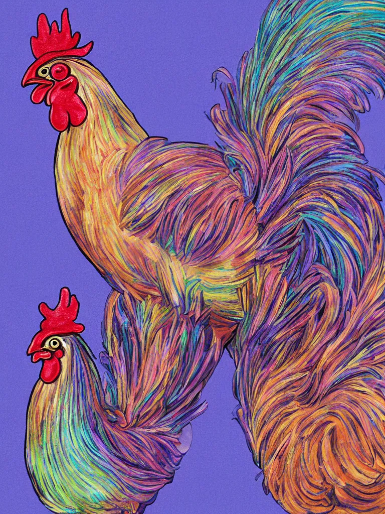 Prompt: 'a painted Easter egg that is imagining becoming a chicken as imagined by a iridescent rooster as imagined by a cat that is laying half asleep on the windowsill as the mentally ill geek girl reads the cat's thoughts concerning the iridescent rooster is imagining a beautiful painted Easter egg that is imagining turning into a chicken.' 3D render at 16K resolution. epically surreally epic image. rendering amazing detail. vivid clarity. ultra shadowing. mind-blowing quality.