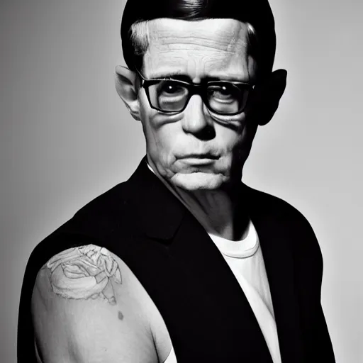 Prompt: Hank Hill looking chic, portrait, fashion photography, full body, by Hedi Slimane