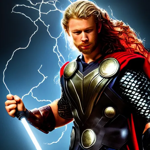 Image similar to Young Thor Hammer with lightning, dramatic lighting,highly detailed