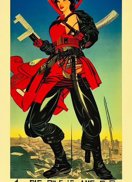 Image similar to american propaganda poster. cyberpunk samurai lady. portrait by jean giraud and anton otto fischer and john philip falter and will eisner and gil elvgren