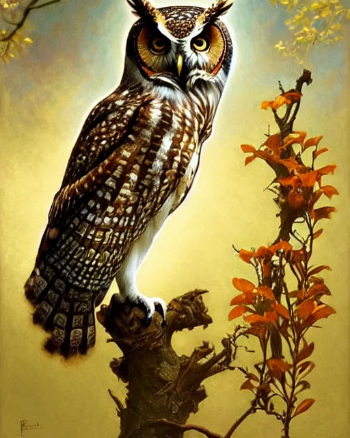 Image similar to beautiful owl, emotionally evoking symbolic metaphors, in focus, fantasy, ornamental, intricate, elegant, highly detailed digital painting, artstation, concept art, painterly, golden ratio, sharp focus, illustration, art by John Collier and Krenz Cushart and Artem Demura and Rafael and Alphonse Mucha,