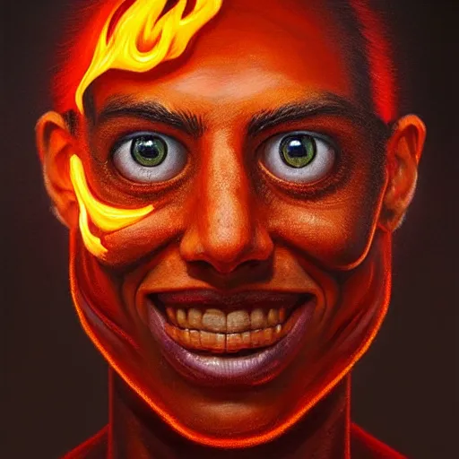 Image similar to a hyper realistic painting of a young fire - man, all face covered with a fire, coherent symmetrical eyes, cunning smile, by jeffrey smith, by andrea kowch, by steve henderson, masterpiece, trending on artstation, sharp, details, hyper - detailed, hd, hdr, 4 k, 8 k