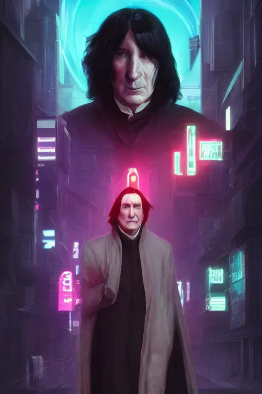 Image similar to portrait of severus snape with visor in cyberpunk, neon lighting, night city, digital art from artstation by Ruan Jia and Mandy Jurgens and Artgerm and william-adolphe bouguereau and Greg Rutkowski