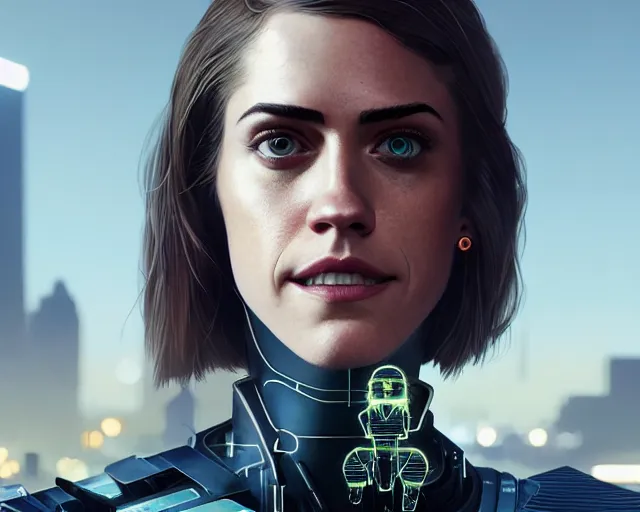 Image similar to highly detailed portrait of allison williams as an android, in detroit : become human, stephen bliss, unreal engine, fantasy art by greg rutkowski, loish, rhads, ferdinand knab, makoto shinkai and lois van baarle, ilya kuvshinov, rossdraws, tom bagshaw, global illumination, radiant light, detailed and intricate environment