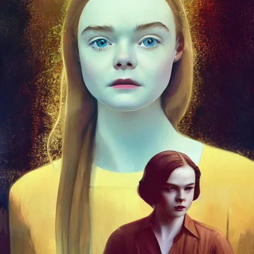 Prompt: Elle Fanning, head and shoulders masterpiece, in Alien, golden hour, in a garden, artstation, in the style of Art Deco and Edward Hopper and Bosch, extremely detailed