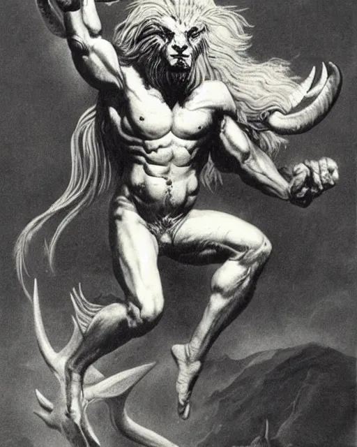 Image similar to human / eagle / lion / ox hybrid with two horns, one big beak, mane, human body. drawn by frank frazetta