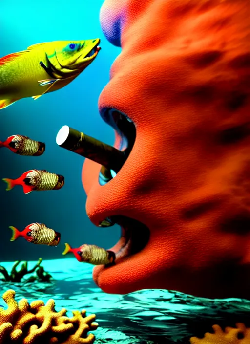 Prompt: hyperrealism, detailed textures, photorealistic 3 d render, an underwater scene with brightly coloured fish smoking cigars, brightly coloured coral, ultra realistic, ultra high pixel detail, cinematic, intricate, cinematic light, octane render, concept art, illustration, art station, unreal engine 8 k