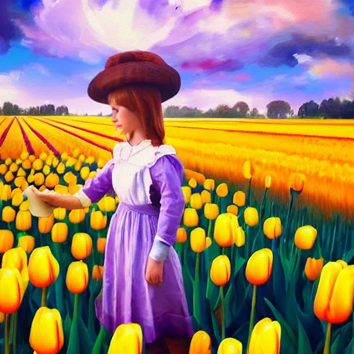 Image similar to dutch girl with singular giant tulip as a head, surreal photography, flower field, sunset dramatic light, impressionist painting, colorful clouds, blue sky, digital painting, artstation, simon stalenhag