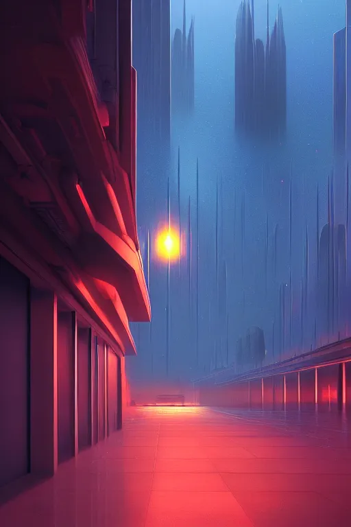 Image similar to emissary futuristic downtown with red street lamps, windows lit, marble, by tim blandin and arthur haas and bruce pennington and john schoenherr, cinematic matte painting, zaha hadid building, photo realism, dark moody color palate, blue hour stars, desolate glacial landscape,