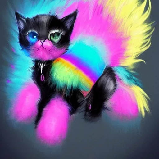 Image similar to wide angle full body, jacket wearing fluffy cute rainbow kitten wearing a black leather motorcycle jacket, concept art