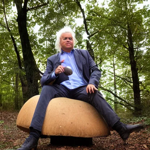 Prompt: geer wilders sitting atop a giant mushroom tree