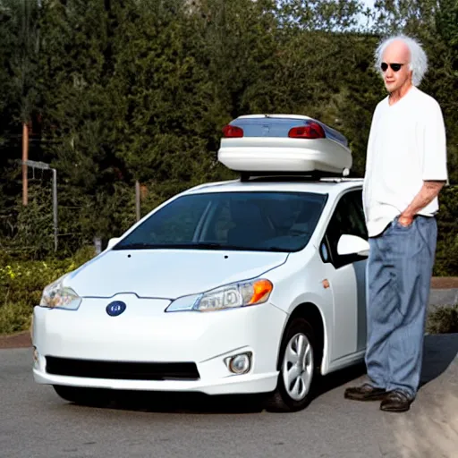 Image similar to larry david standing on roof of 2009 prius, in the style of andy worhol