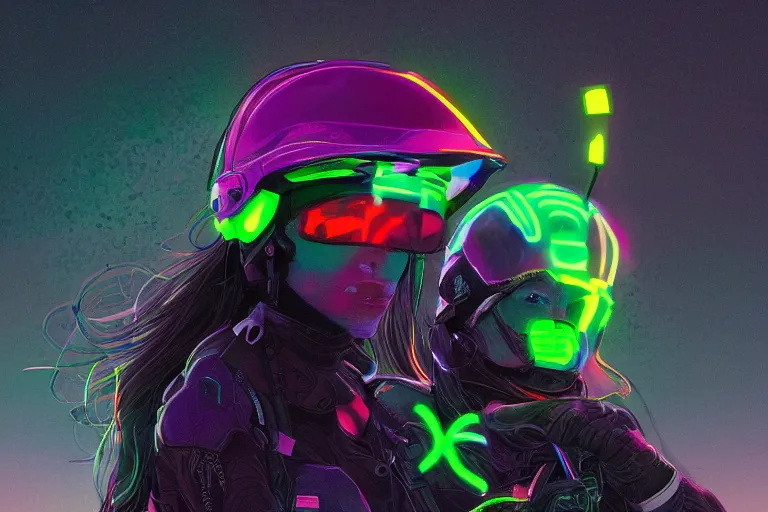 Image similar to a woman wearing a helmet which has neon on it very detailed with a great landscape, artstation unreal