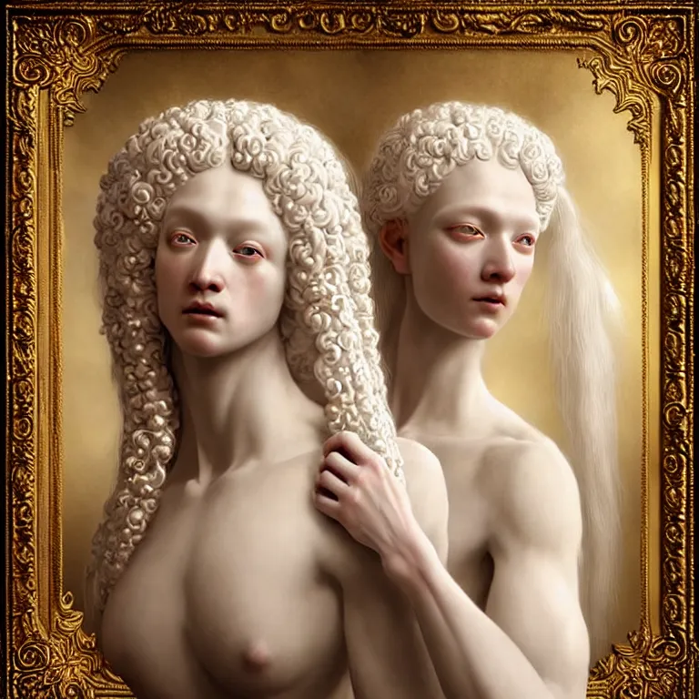 Prompt: renaissance style a wonderful woman albino goddess with a wonderful face and realistic arms and hands and realistic body with long intricate hair with a beautiful porcelain symmetrical body dressed with a majestic warp ornate cream long cotton dress, hightly ornate, intricate, detailed, dramatic light, cinematic, award winning, octane render, tom bagshaw style