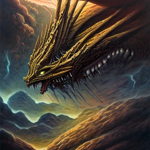 Prompt: an epic demonic alien dragon demigod descending from the heavens and cosmos to consume the earth, by dan seagrave art