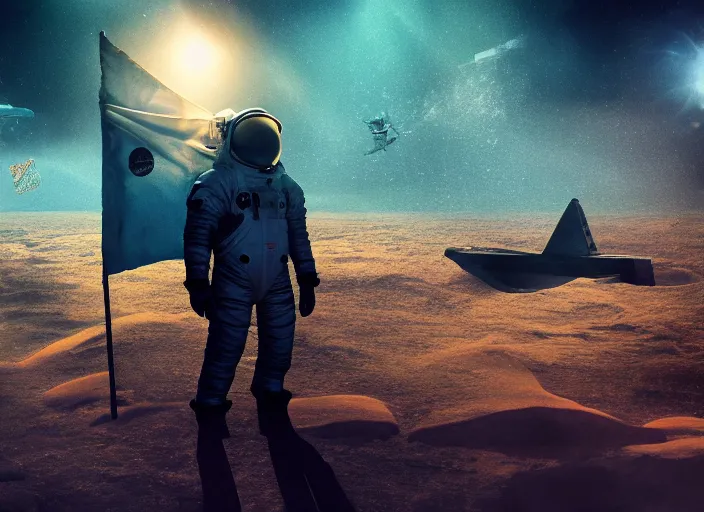 Image similar to astronaut holding a flag in an underwater desert. a submarine is visible in the distance. dark, concept art, cinematic, dramatic, atmospheric, 8 k, trending on artstation, blue, fish, low visibility, fog, ocean floor, christopher nolan, interstellar