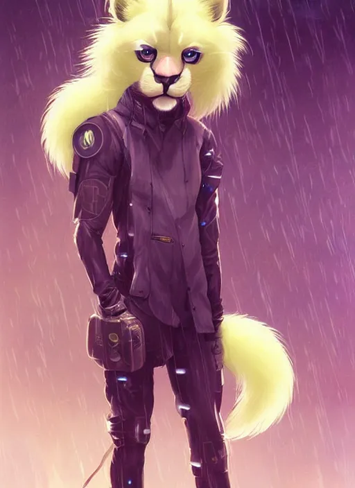 Image similar to award winning beautiful portrait commission of a male furry anthro albino mountain lion fursona with a tail and a cute beautiful attractive detailed furry face wearing stylish cyberpunk clothes in a cyberpunk city at night while it rains. Yellow and Purple. Character design by charlie bowater, ross tran, artgerm, and makoto shinkai, detailed, inked, western comic book art