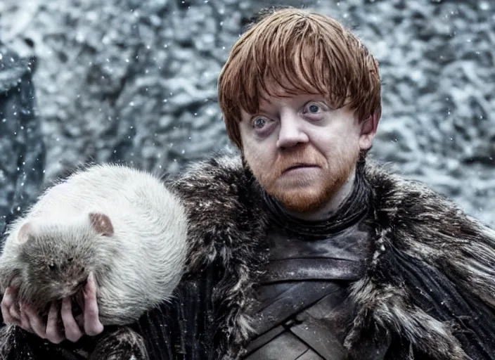 Image similar to rupert grint as thehnellor in game of thrones, holding his large fat rat, live action film, cinematic photo, clear hd image