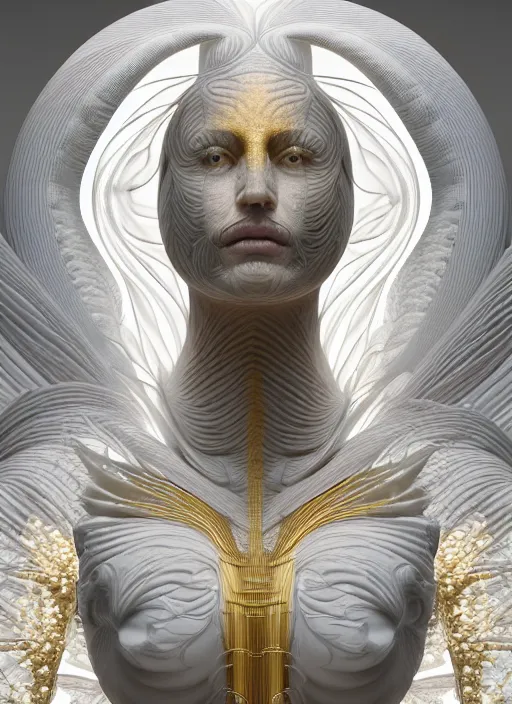 Image similar to a statue made of white marble with gold veins, of corn man, full body shot, perfect symmetrical body, perfect symmetrical face, hyper realistic, hyper detailed, by johannen voss, by peter kemp, by monia merlo, by michelangelo, by ernst haeckel, by alex grey, octane render, blender, 8 k