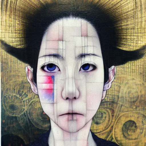 Image similar to yoshitaka amano blurred and dreamy realistic portrait of a woman with white hair and black eyes wearing dress suit with tie, junji ito abstract patterns in the background, satoshi kon anime, noisy film grain effect, highly detailed, renaissance oil painting, weird portrait angle, blurred lost edges, three quarter view