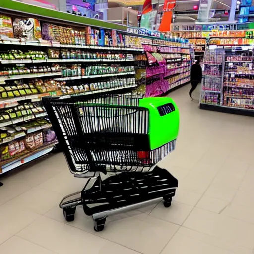 Image similar to a shopping cart made of unique technology, cameras, lasers, in the style of an apple product, futuristic, inside of a grocery store