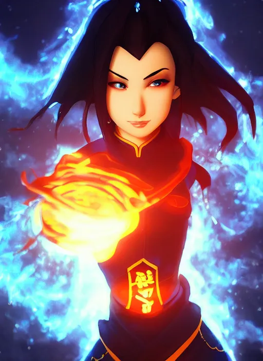 Image similar to azula from avatar the last airbender posing, blue flames, dark atmosphere, cinematic shot, intricate, ornate, photorealistic, ultra detailed, realistic, 1 0 0 mm, photography, octane, high definition, depth of field, realism, 8 k, artstation