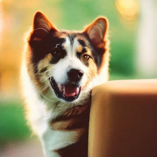 Prompt: a dog and a cat, professional photography, cinestill, bokeh, kodak film stock