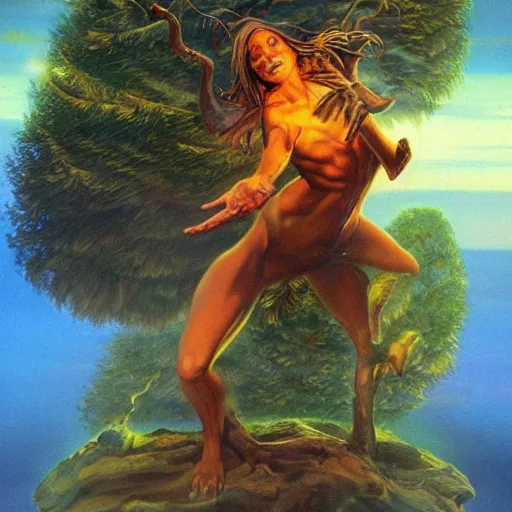 Prompt: 🌲🌌🔥🧙, Boris Vallejo