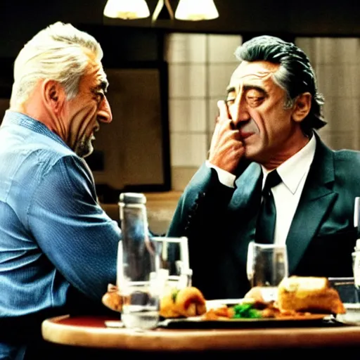 Image similar to movie still of the dinner scene in Heat, rendering of al pacino and robert de niro as old men, cinematic,