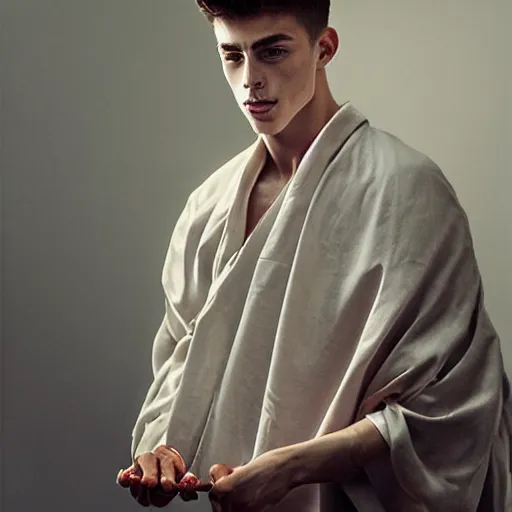 Prompt: attractive handsome kai havertz wearing monk robes holding ivory candlestick. natural lighting by ruan jia, portrait