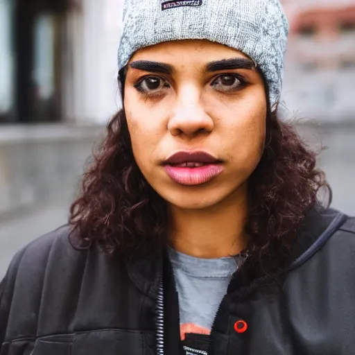 Prompt: Photograph of a mixed woman smoking a cigarette wearing a black beanie and black bomber jacket, urban environment, depth of field, 4k, 8k, hd, award-winning, 82 mm sigma, close up