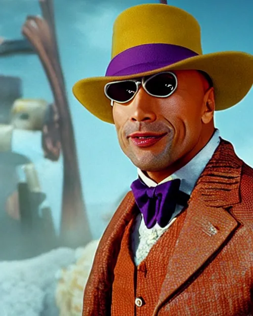 Image similar to Film still close-up shot of Dwayne Johnson as Willy Wonka from the movie Willy Wonka & The Chocolate Factory. Photographic, photography