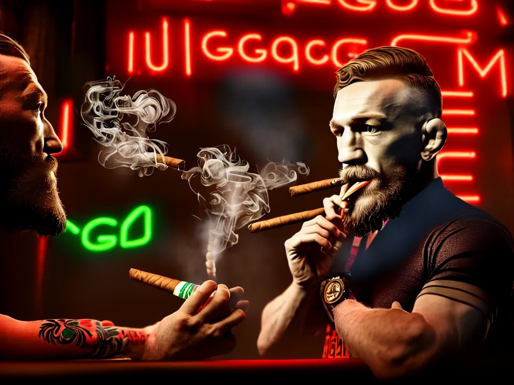 Prompt: a intricately detailed portrait of conor mcgregor smoking a cigar in an irish pub with a neon bar, trending on art station, in the style of the movie heat, volumetric lighting & shadows, hyper detailed, digital art, unreal engine, 4 0 0 mm f 1. 8,