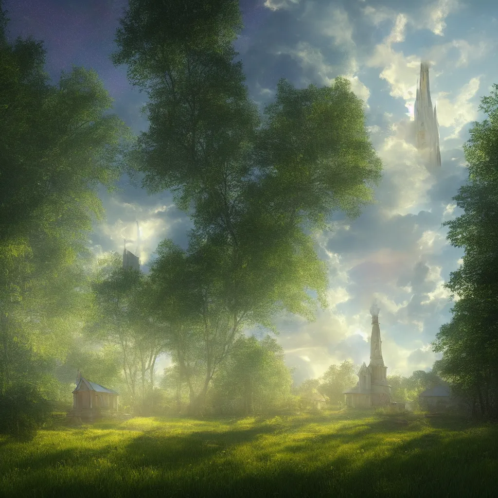 Image similar to iridescent chapel with a steeple in an old green courtyard meadow, gold and blue glow sparkles floating around in the air and sky, lush forest, ethereal, clouds, rainbows atmospheric, volumetric, greg rutkowski, photoreal, unreal engine, ray - tracing, film still, artstation, 8 k