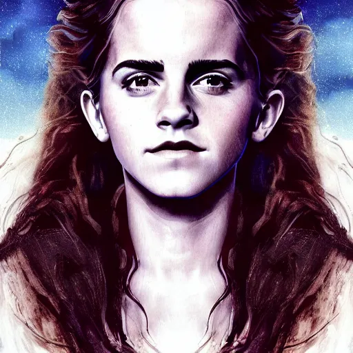 Prompt: realistic emma watson emperor of the known universe, perfect dramatic and dark portrait by rabbitary b, trending on artstation, deviantart, dune, low angle oil painting and composition laws, dark foggy background, timothee chalamet but he is older, man with thin lines on the face, medium - long curly brown hair, completely blue eyes, denis villeneuve cinematography