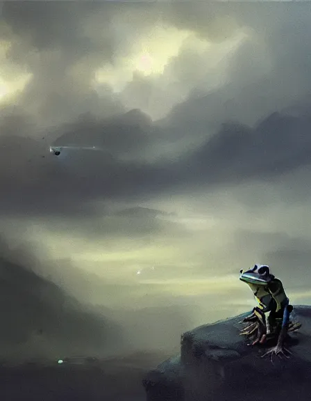 Image similar to a sad frog looking the sky by Ruan Jia, oil on canvas, artstation, dramatic scenery, masterpiece, aesthetic