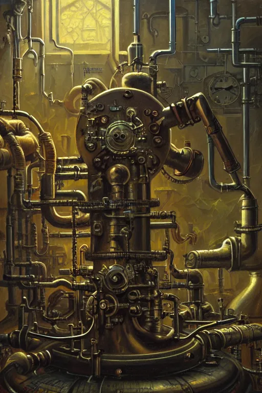 Prompt: classic oil painting, closeup of a dangerous nuclear powered machine, steampunk valves as a dnd cover illustration, inside of an abandoned lab, ominous, concept art, extremely detailed, smooth, sharp focus, art by brothers hildebrandt
